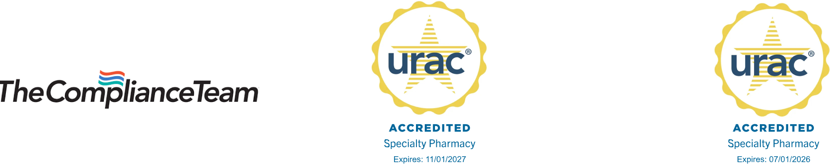 The Compliance Team logo and URAC accredited twice Specialty Pharmacy expires 11/01/2027 and 07/01/2026